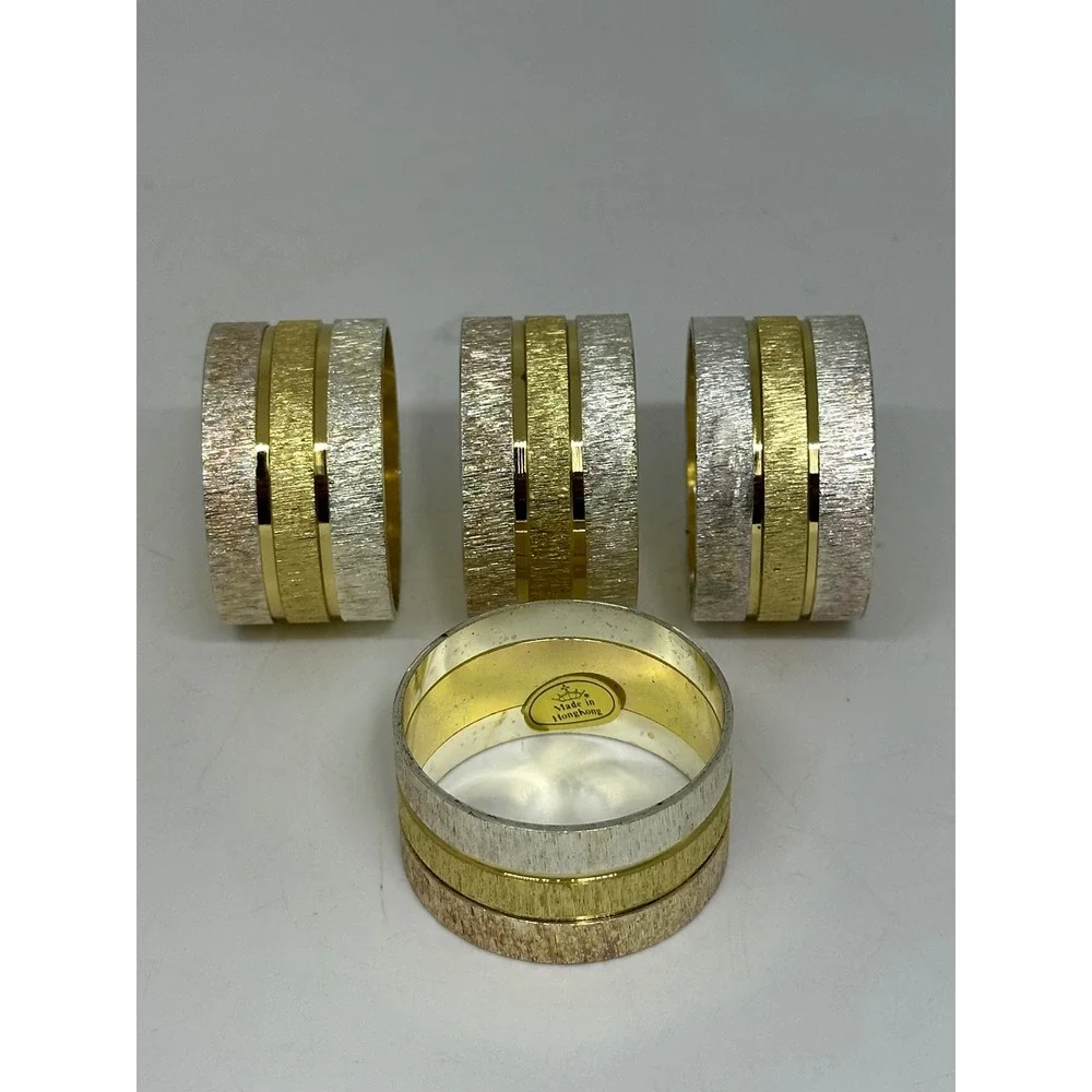 VTG Napkin Rings Gold Silver Two Tone Textured Striped Set of 4 Hong Kong